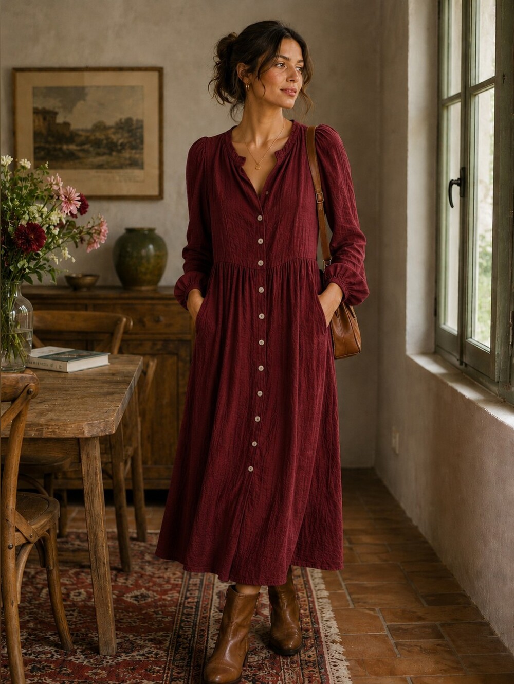Button-Front Midi Dress with Large Pockets - Picture 7 of 7